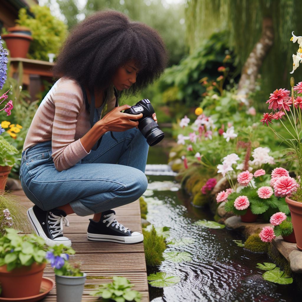 a woman taking pictures of beautiful flowers by a stream