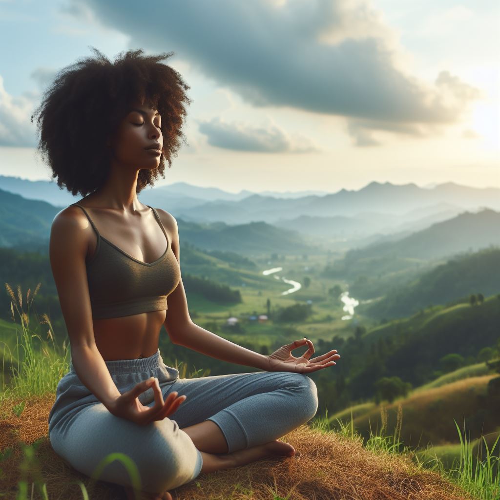 A black woman meditating for inner peace, resilience and strength.  