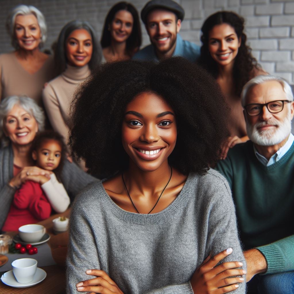 A black woman surrounded by a network of family and friends.  